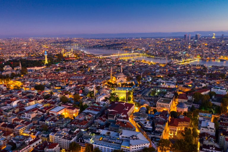 Aerial view of Istanbul city at sunrise in Türkiye.